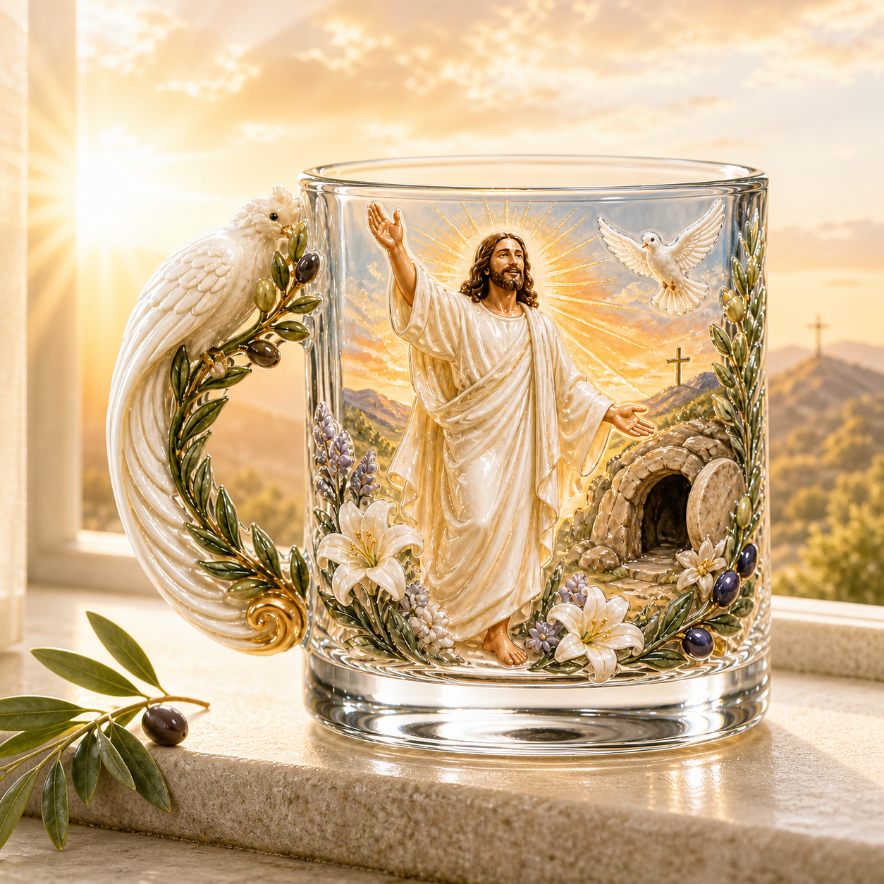 ✝️✨ 3D Sacred Faith Glass Mug | Raised Jesus & Virgin Mary Sculptural Glass Art Cup – 12 oz Christian Gift