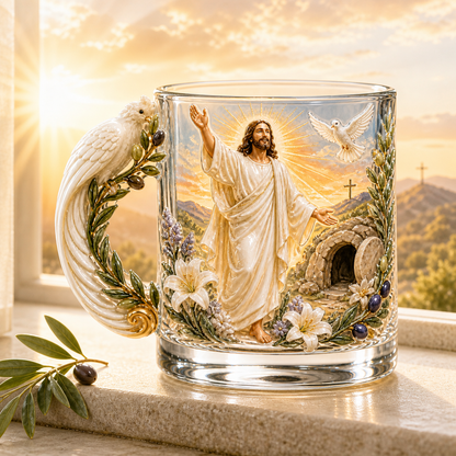 ✝️✨ 3D Sacred Faith Glass Mug | Raised Jesus & Virgin Mary Sculptural Glass Art Cup – 12 oz Christian Gift