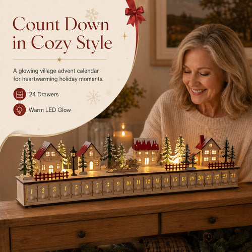 🎄🎅🎁 Christmas Magic ✨❄️ Lighted Wooden Christmas Advent Calendar 🔔 24 Drawers for Festive Holiday Countdown