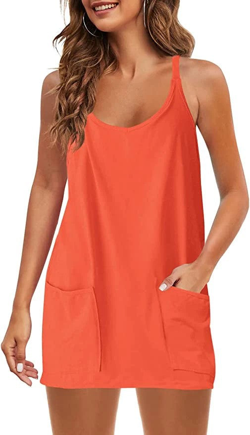🔥Women's Sleeveless Sports Dress - Athletic V-Neck Spaghetti Strap Mini Sundress