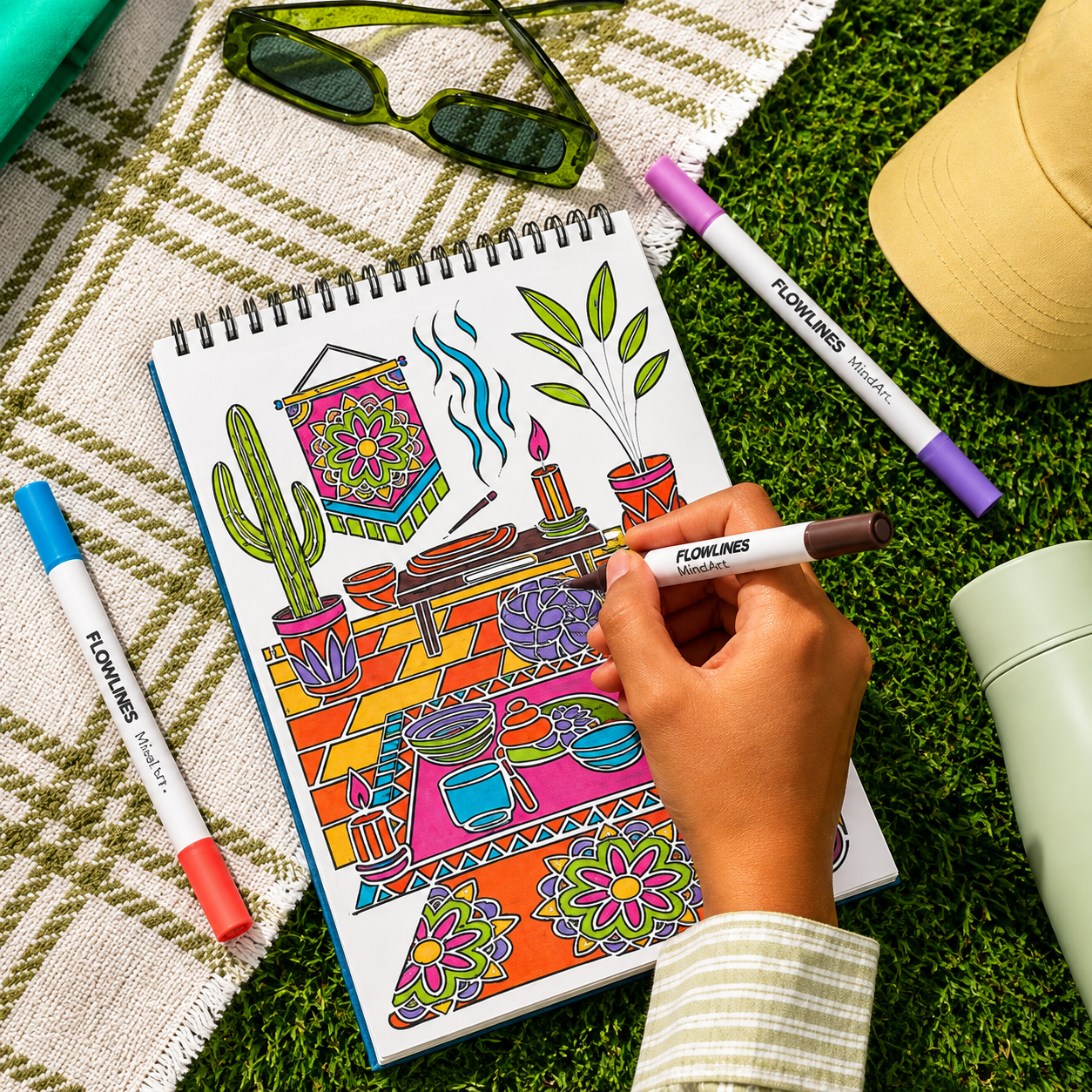 Trace-By-Groove Guided Flow Art Coloring Pad with Double-Sided Markers