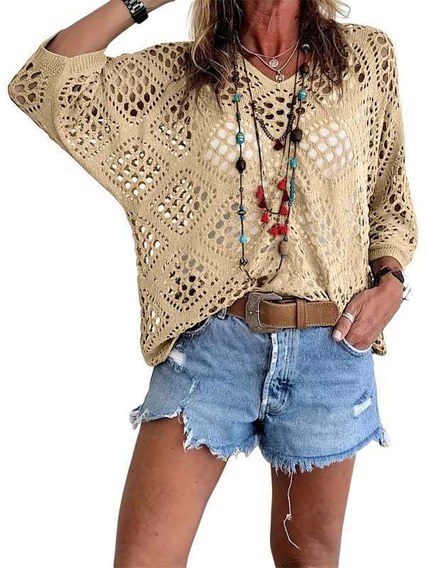 Women's Bohemian-Inspired Beige Crochet Top with V-Neck