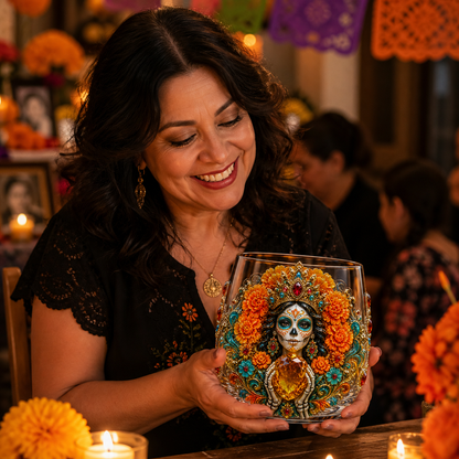 💀🌼 Día de los Muertos Crystal Glass Art Cup | Bright Raised 3D Calavera Glassware for Whiskey, Home Décor & Meaningful Gifts 🎁