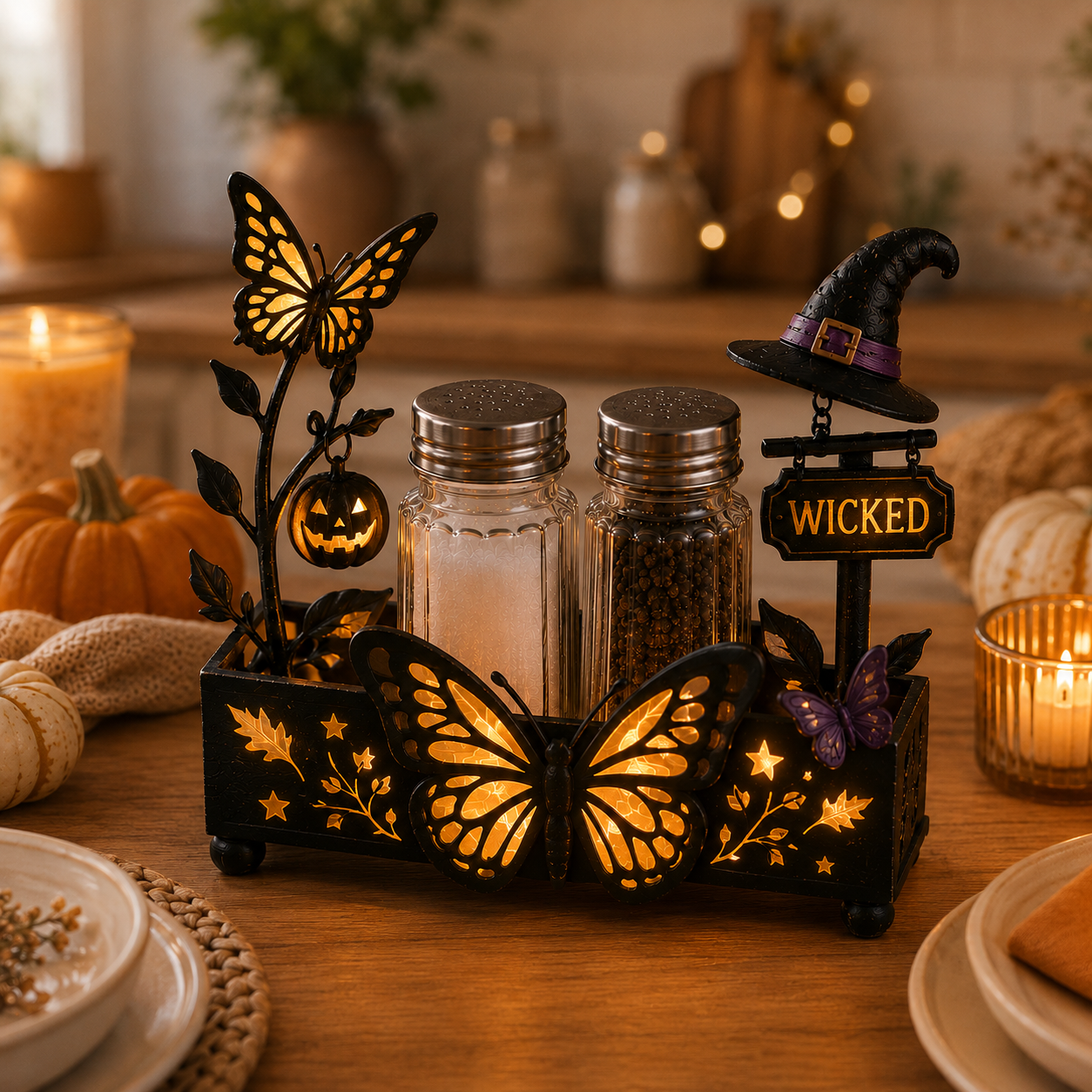 Lighted Halloween Salt & Pepper Shaker Holder Set