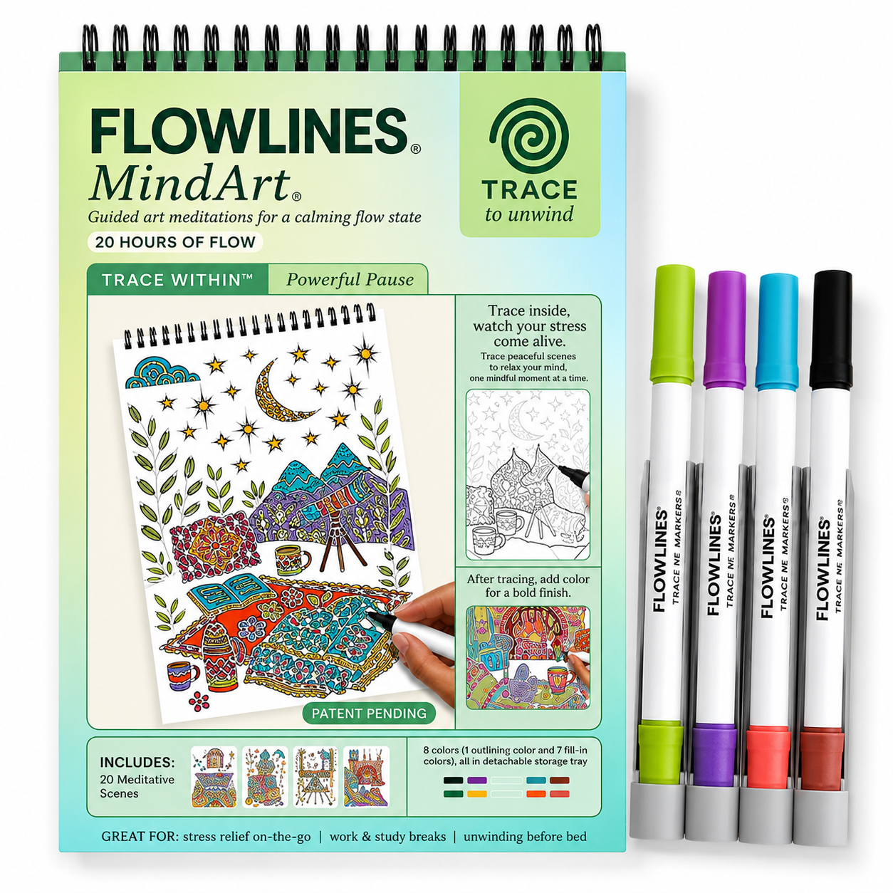 Trace-By-Groove Guided Flow Art Coloring Pad with Double-Sided Markers