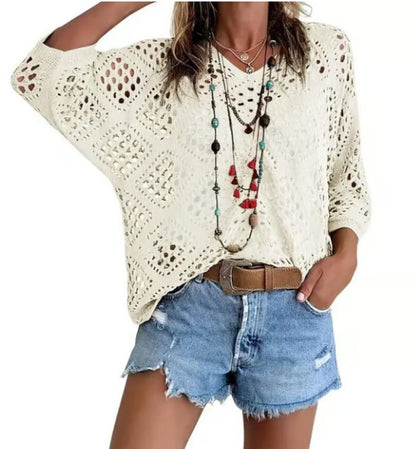 Women's Bohemian-Inspired Beige Crochet Top with V-Neck