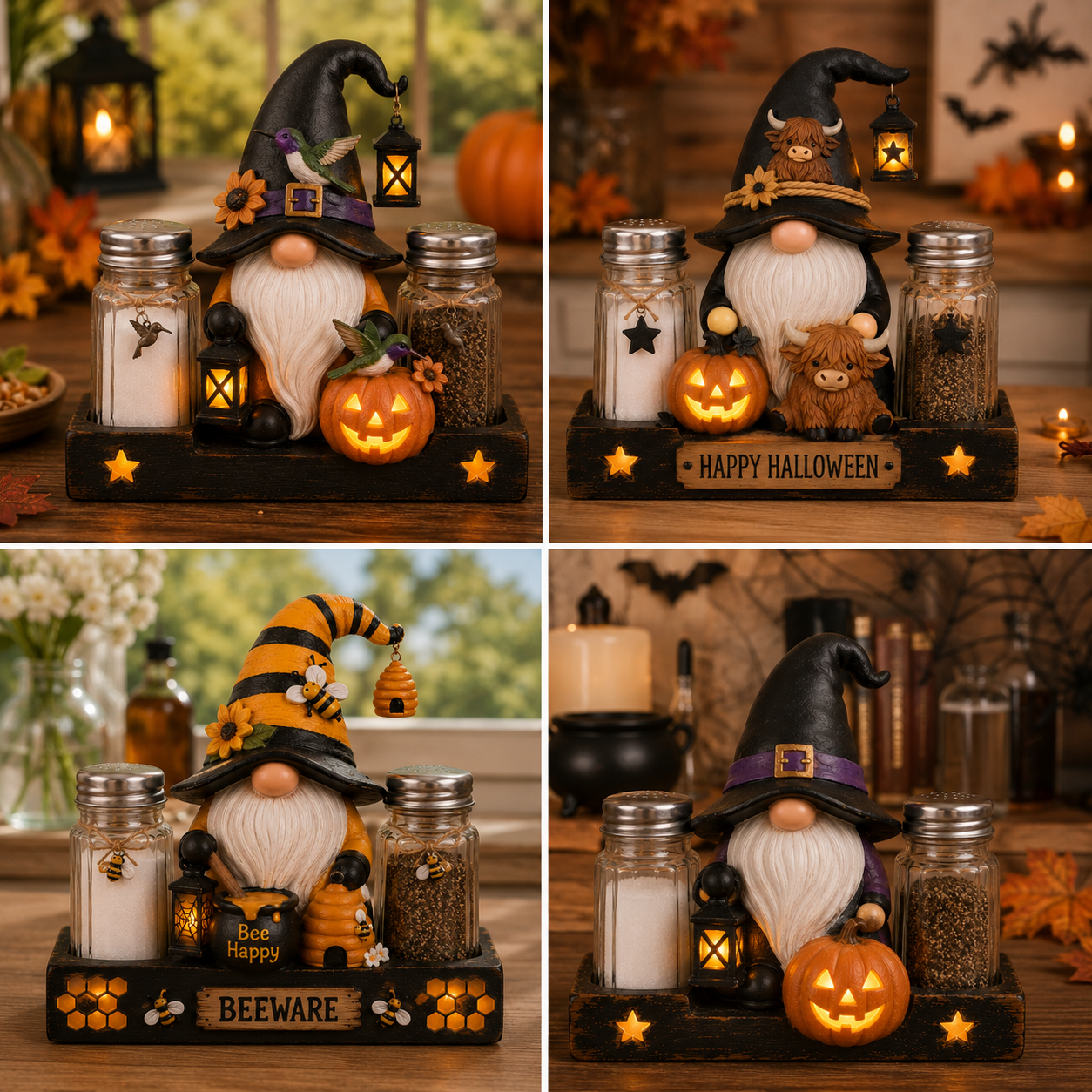 🎃 Glowing Halloween Gnome Salt & Pepper Holder Set – Includes 2 Glass Shakers