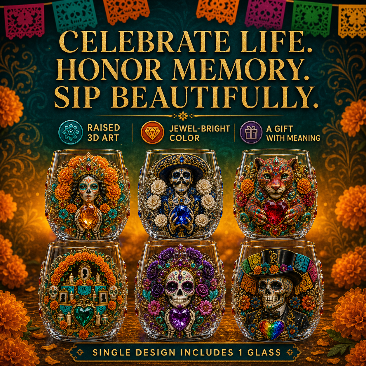 💀🌼 Día de los Muertos Crystal Glass Art Cup | Bright Raised 3D Calavera Glassware for Whiskey, Home Décor & Meaningful Gifts 🎁