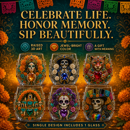 💀🌼 Día de los Muertos Crystal Glass Art Cup | Bright Raised 3D Calavera Glassware for Whiskey, Home Décor & Meaningful Gifts 🎁