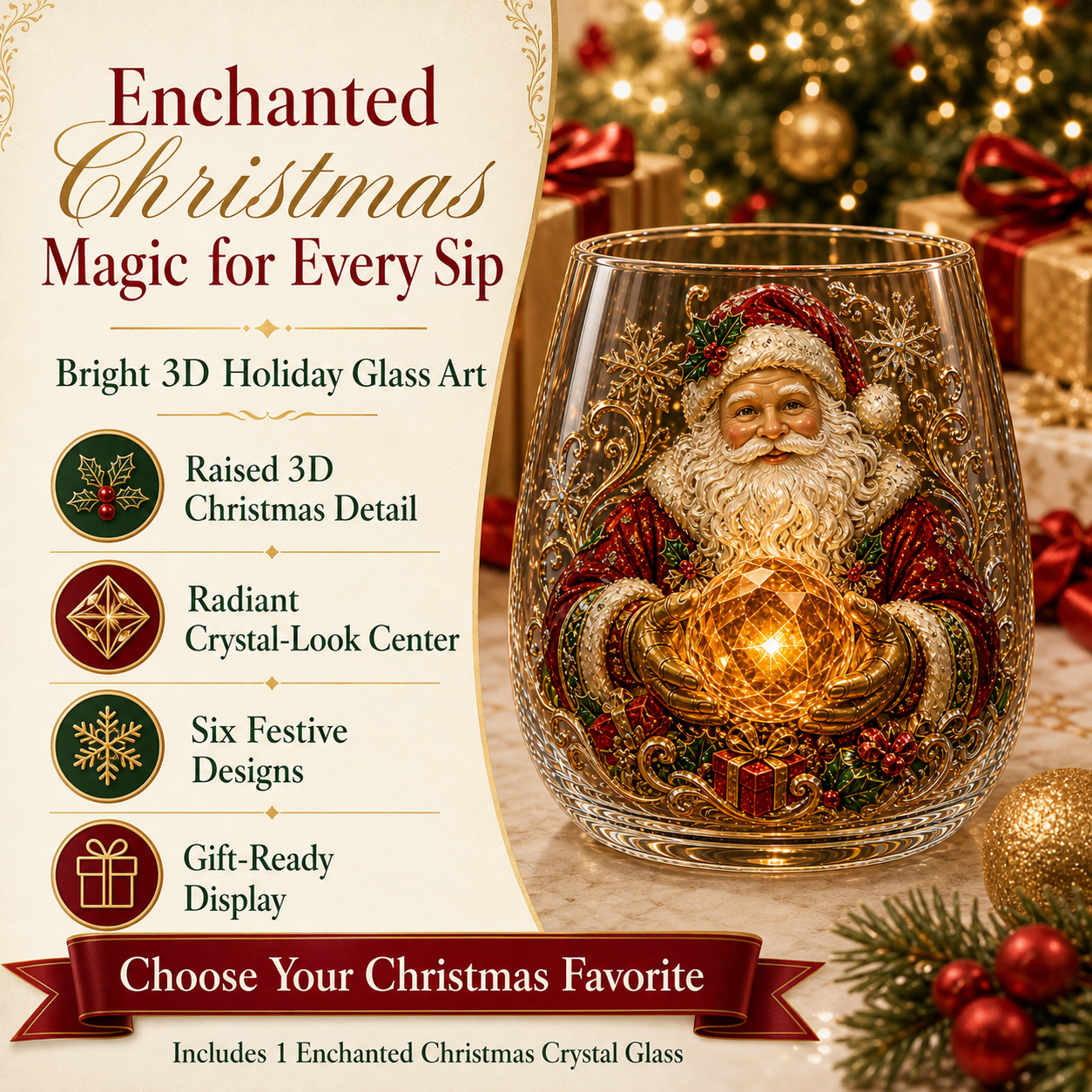 🎄✨ Enchanted Christmas Crystal Glass Art Cup | Bright Raised 3D Holiday Glassware for Whiskey, Festive Décor & Magical Gifts 🎁