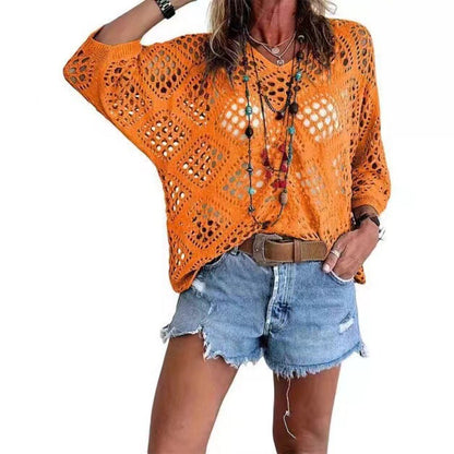 Women's Bohemian-Inspired Beige Crochet Top with V-Neck