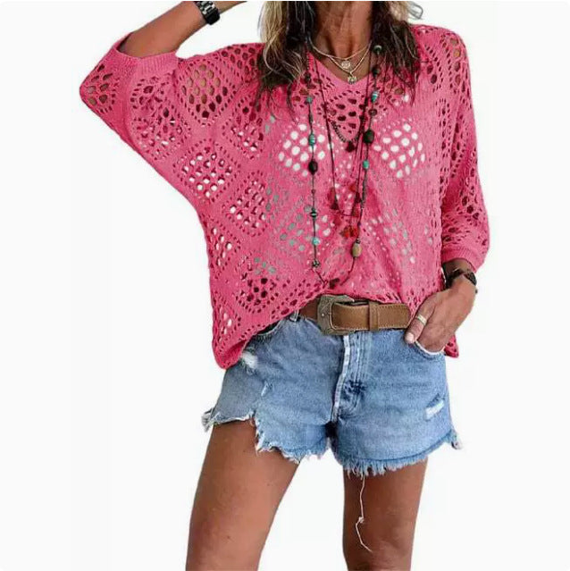 Women's Bohemian-Inspired Beige Crochet Top with V-Neck