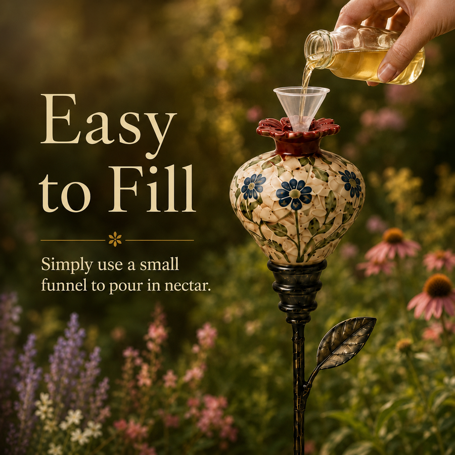 Filling the ceramic hummingbird feeder with a small funnel