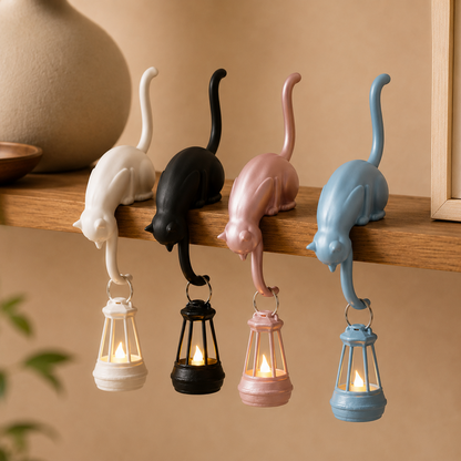 🐈‍Whimsical Cat Shelf Sitter with LED Lantern – Cute Bookshelf Decor & Handy Key Hook