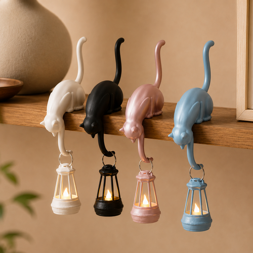 🐈‍Whimsical Cat Shelf Sitter with LED Lantern – Cute Bookshelf Decor & Handy Key Hook