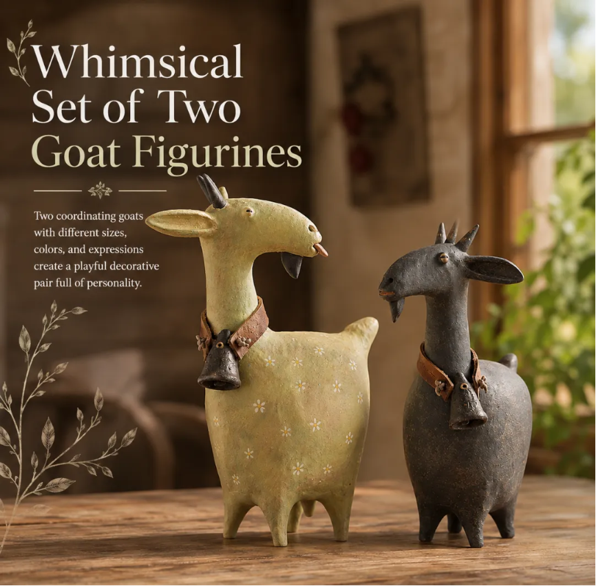 🏡 Rustic Goat Figurines Set of 2 – Vintage Farmhouse Home Decor