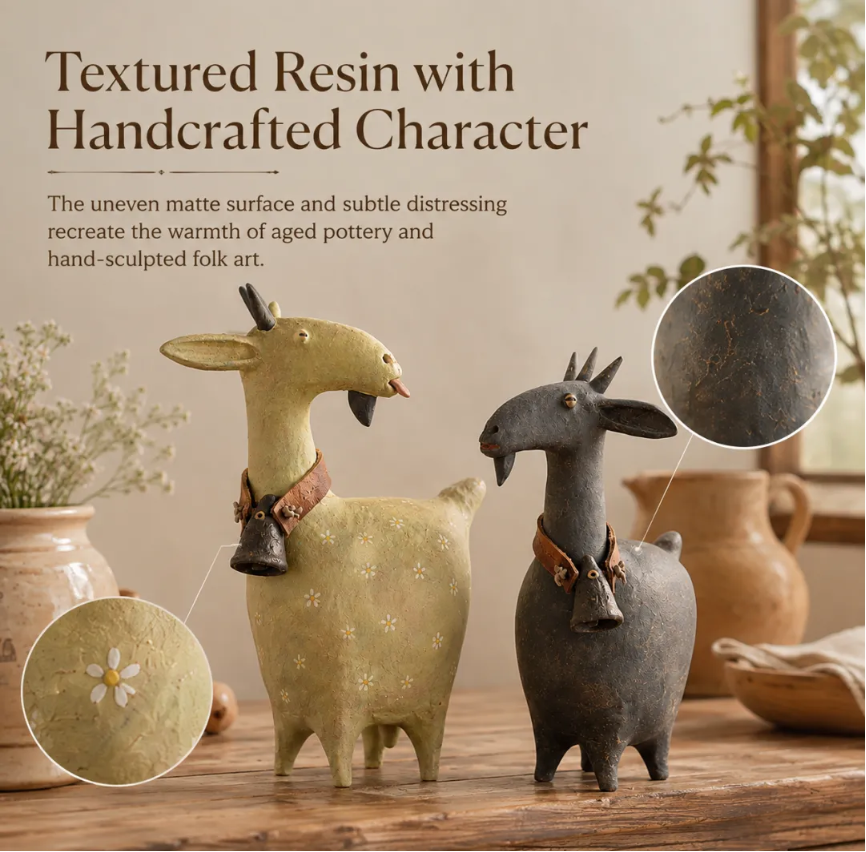 🏡 Rustic Goat Figurines Set of 2 – Vintage Farmhouse Home Decor