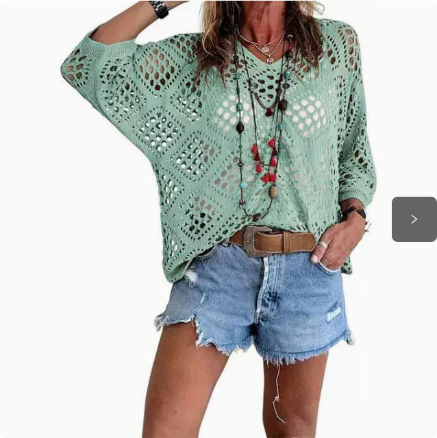 Women's Bohemian-Inspired Beige Crochet Top with V-Neck