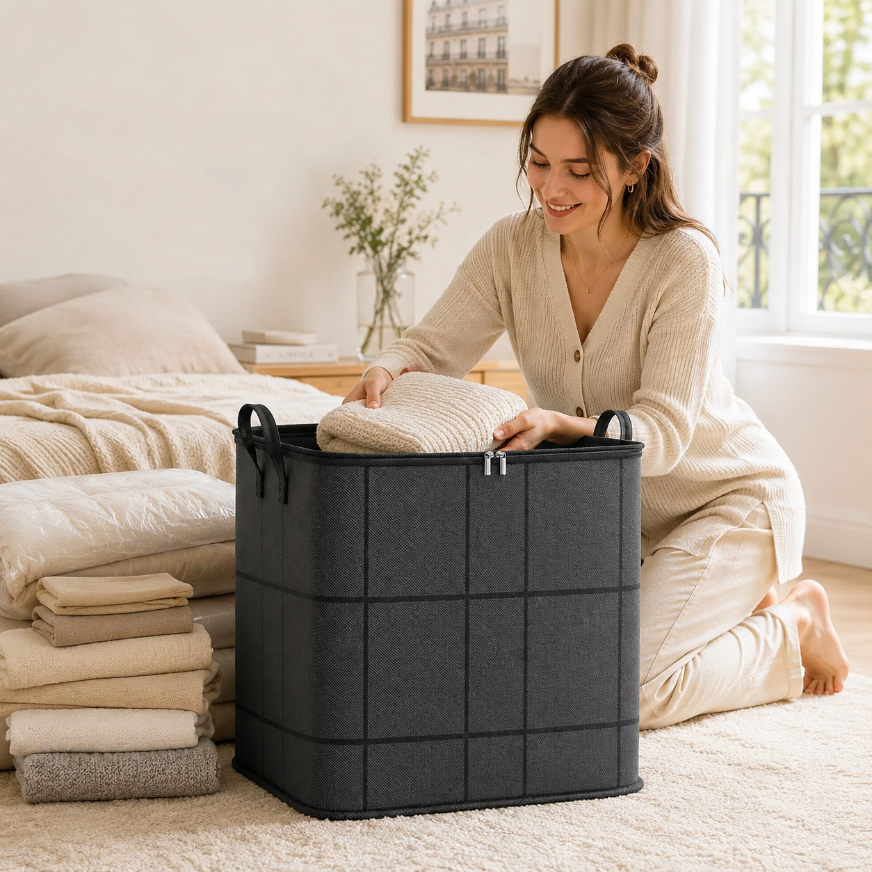 Large Foldable Zippered Storage Bin with Handles for Quilts and Bedding