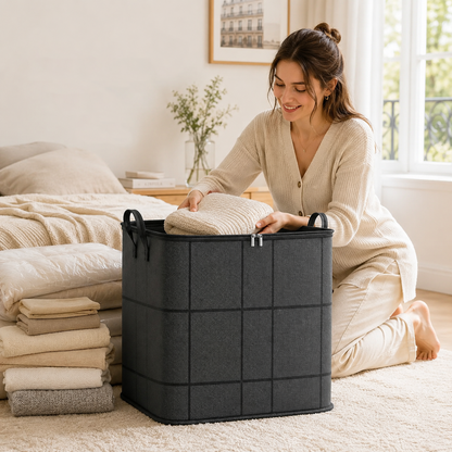 Large Foldable Zippered Storage Bin with Handles for Quilts and Bedding