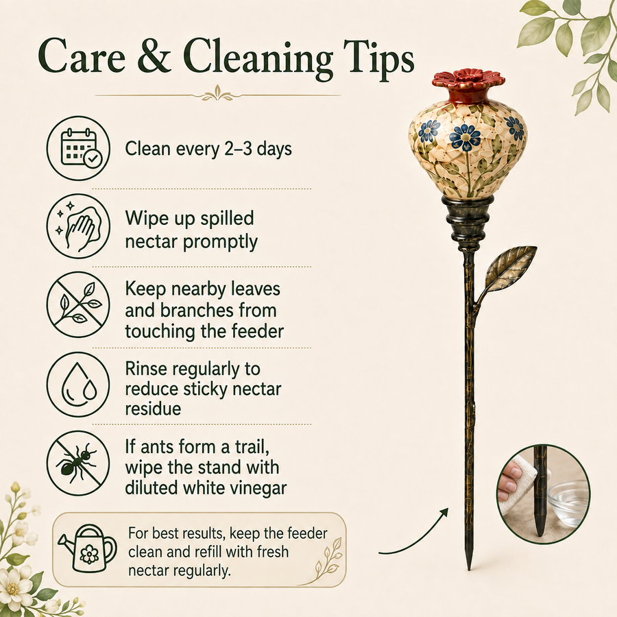 Care and cleaning guidance for the hummingbird feeder