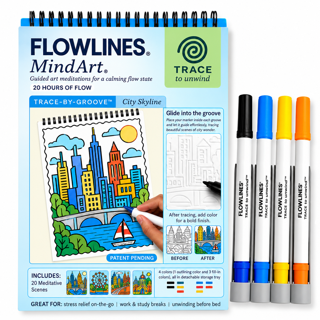 Trace-By-Groove Guided Flow Art Coloring Pad with Double-Sided Markers