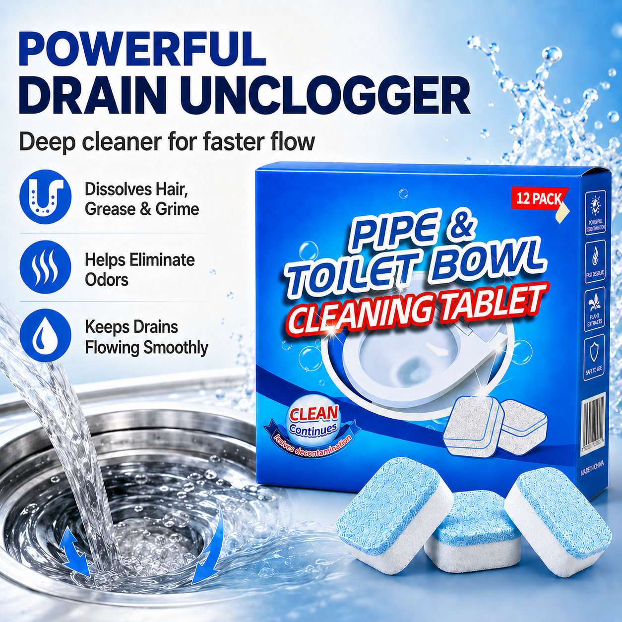 💥 50% OFF Today | Drain Cleaning Tablets 12 Pack 🫧 For Sinks, Showers & Washing Machines
