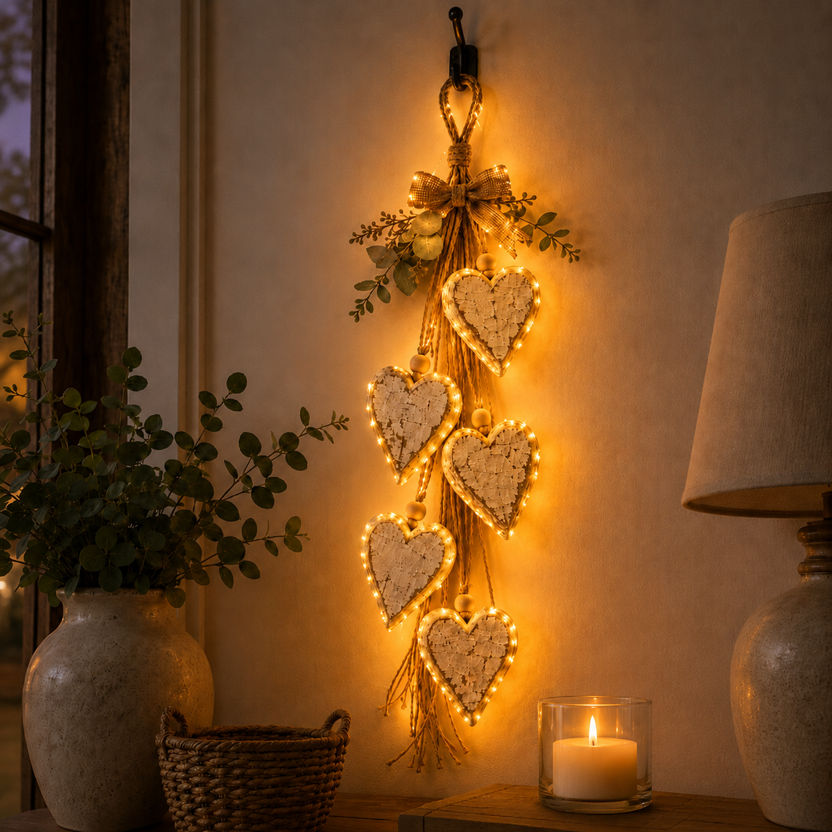 🤎 LED Hanging Heart Wall Decor – Warm Glowing Rustic Home Accent ✨