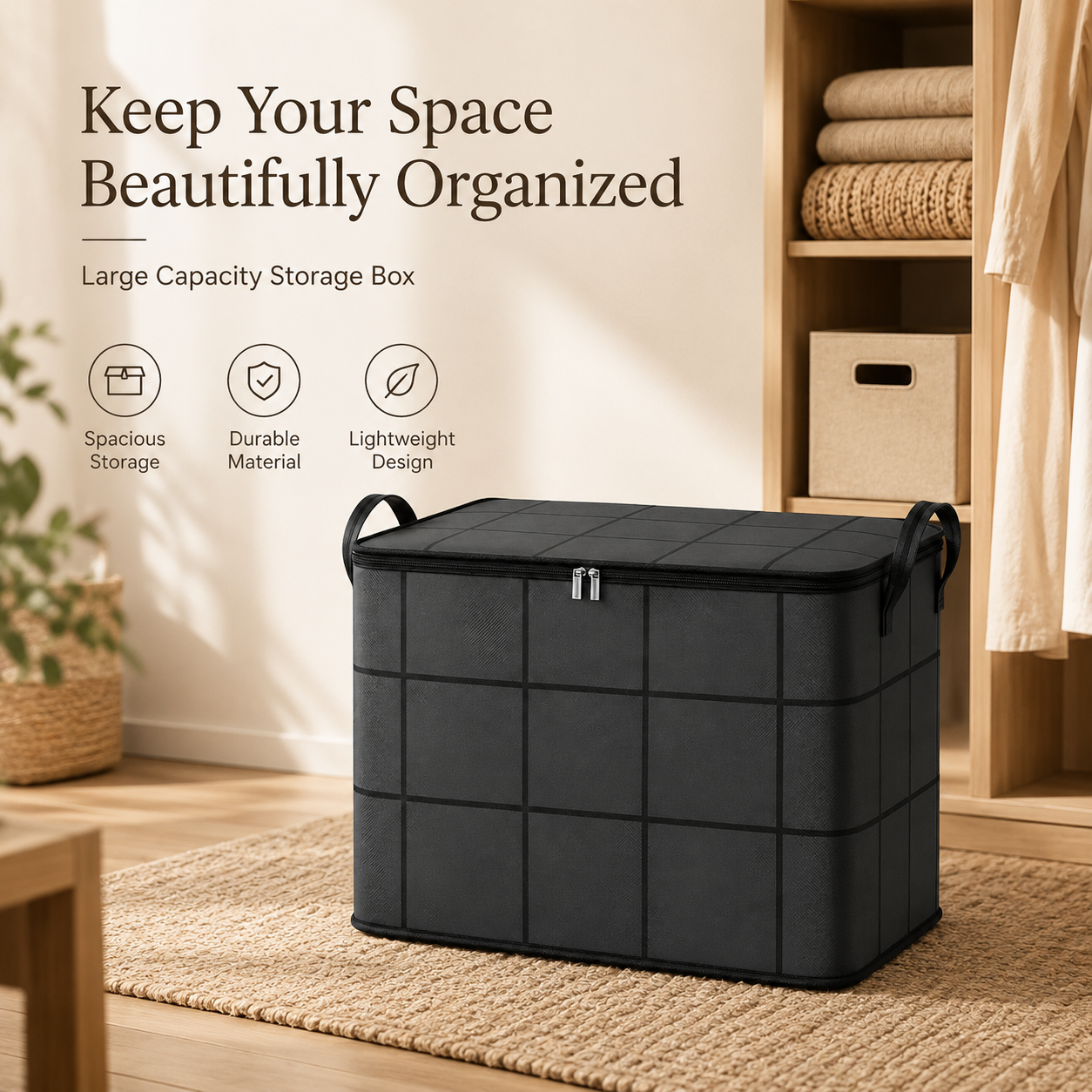 Large Foldable Zippered Storage Bin with Handles for Quilts and Bedding