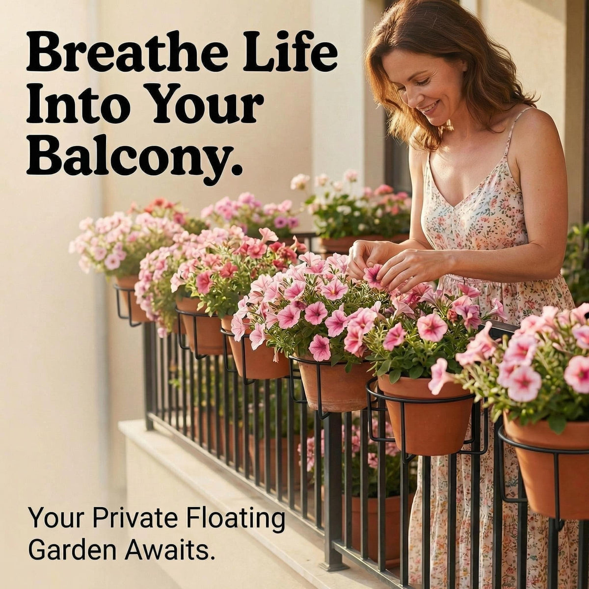 Flowers displayed in black railing plant hangers on a sunny balcony