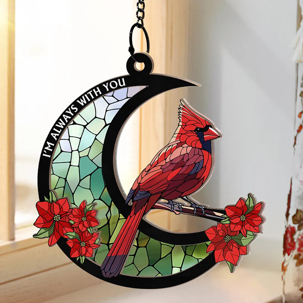 ❤️ In Loving Memory 🕊️ Cardinal Stained Glass Moon Ornament – Personalized Window Suncatcher
