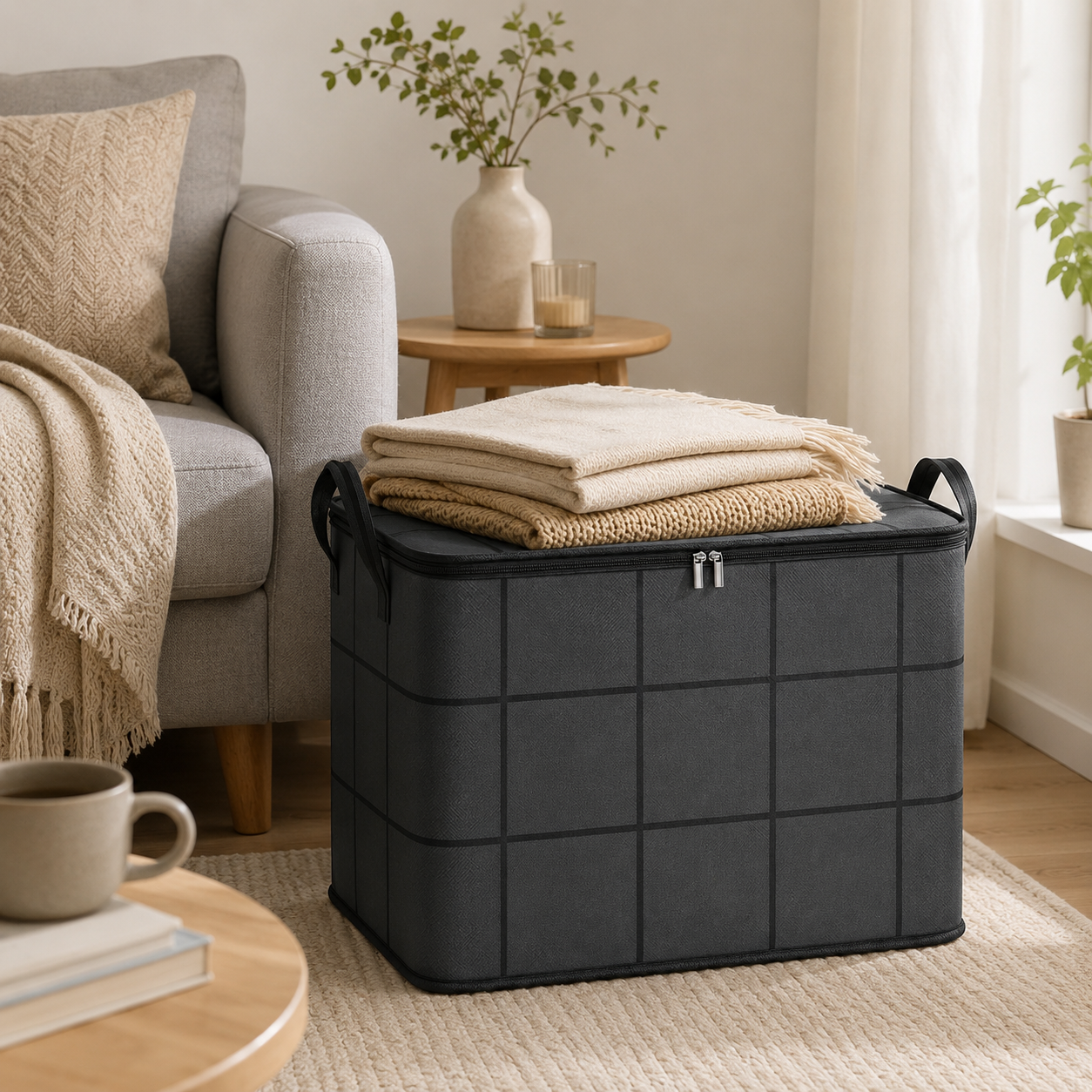 Large Foldable Zippered Storage Bin with Handles for Quilts and Bedding