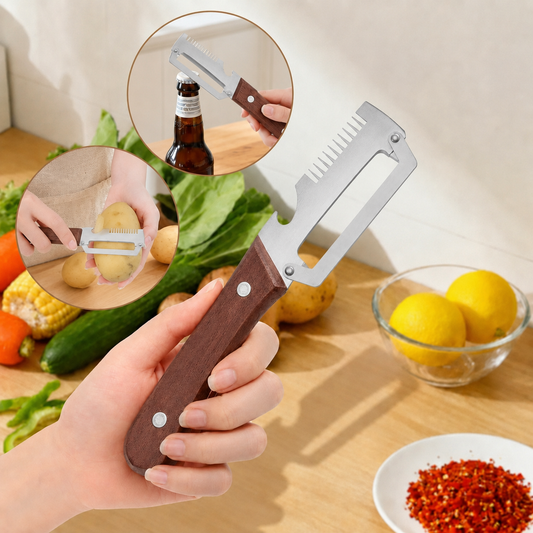 🔪Wooden-Handled Vegetable & Fruit Peeler🥕 - Stainless Steel Blade with Built-In Bottle Opener