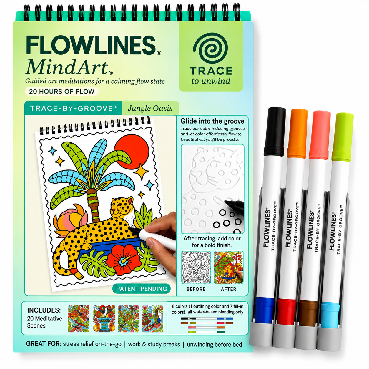 Trace-By-Groove guided flow art pad with four double-sided markers
