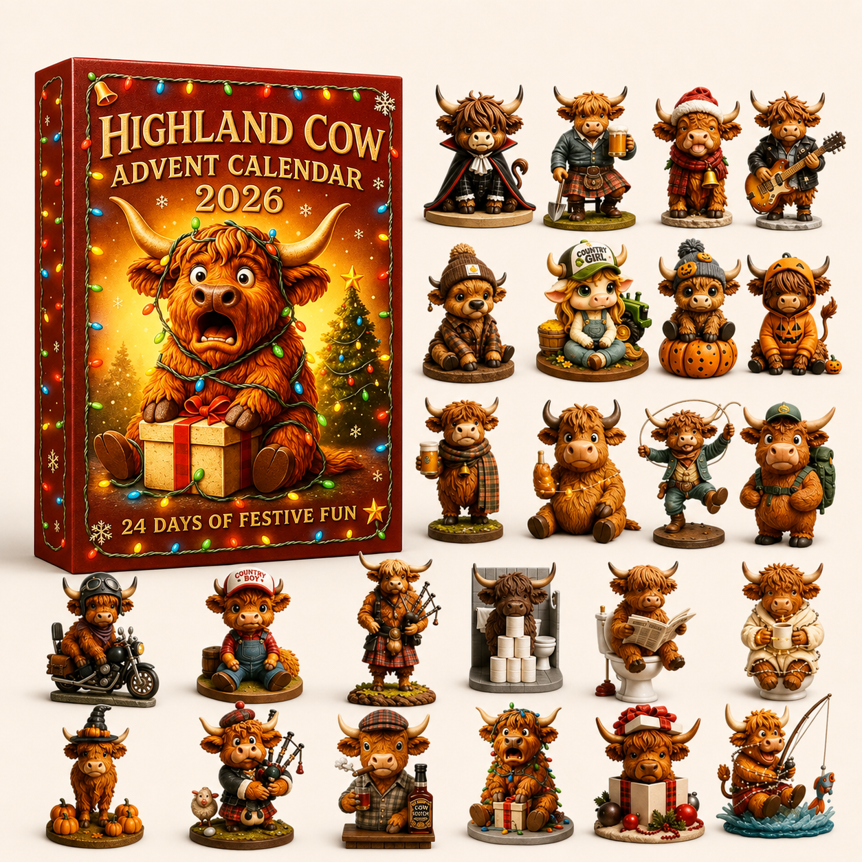 🎄 24 Days of Highland Cow Christmas Advent Calendar 2026 | 24 Unique 3D Cow Figures