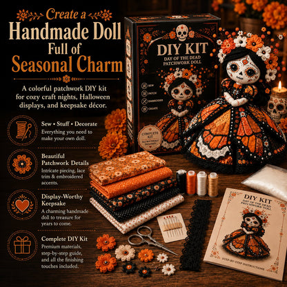🔥 LAST DAY 50% OFF – Day of the Dead Patchwork Doll DIY Kit | Handmade Fabric Craft with Floral Details