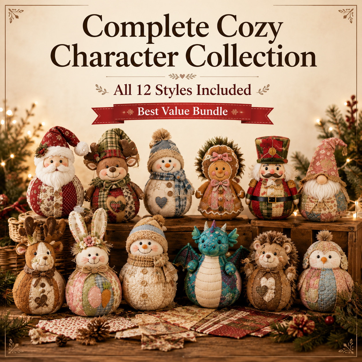🔥Last Day 49% OFF - 🎄🎅Patchwork Fabric Doll DIY Kit | ✨Create a Cozy Handmade Character for Every Season!