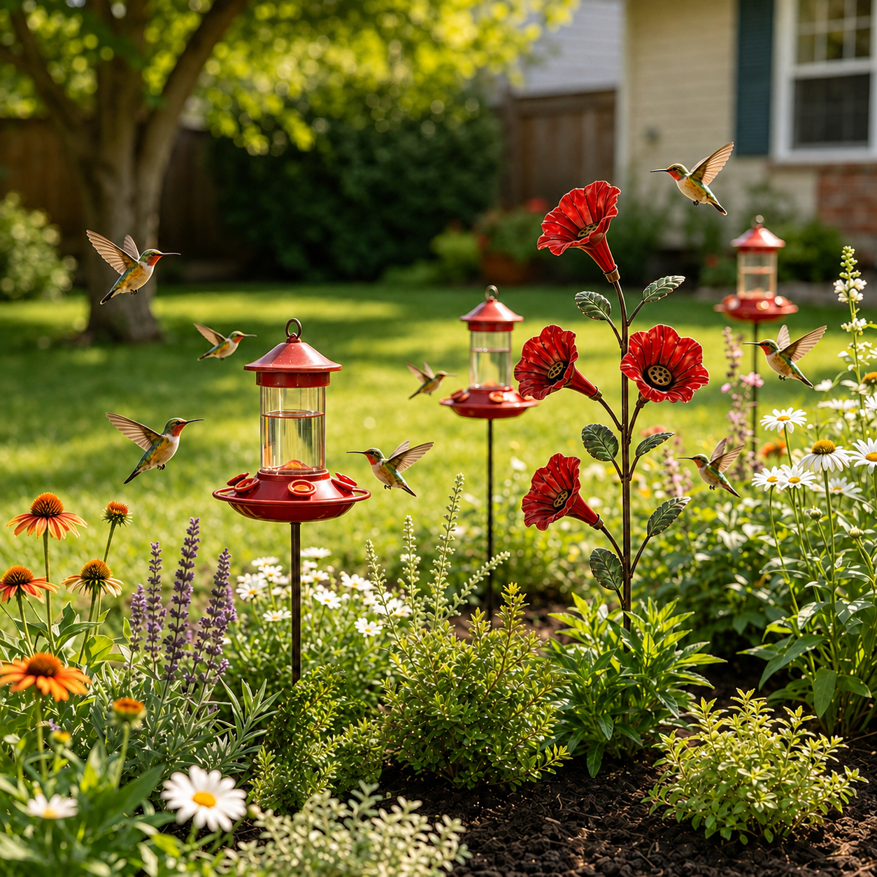 Vintage 4-Flower Hummingbird Feeder Garden Stake