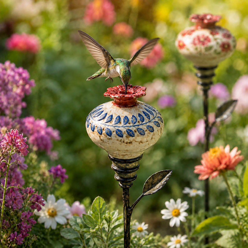 Hummingbird visiting the blue leaf pattern ceramic feeder