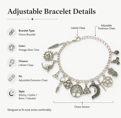 🖤 Mystic Moon Charm Bracelet✨ Vintage Witchy Jewelry for Every Occasion