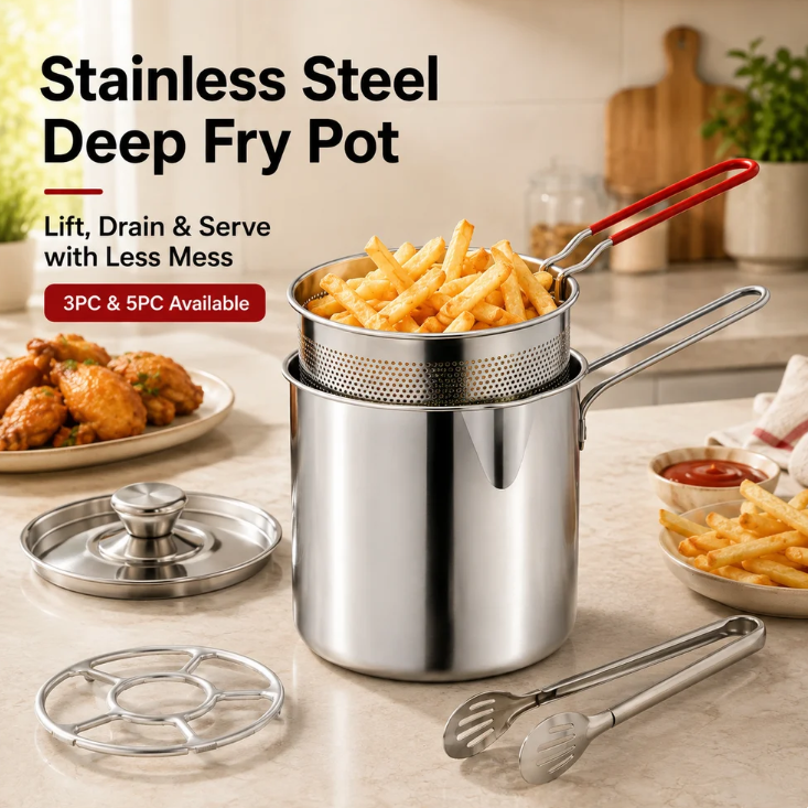 2026 🔥🍟 Personal Mini Deep Fryer Set – Stainless Steel Pot with Lift‑Out Draining Basket & Food Tongs
