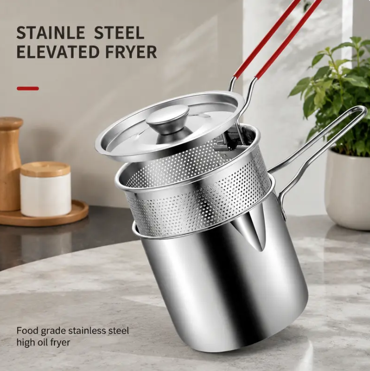 2026 🔥🍟 Personal Mini Deep Fryer Set – Stainless Steel Pot with Lift‑Out Draining Basket & Food Tongs