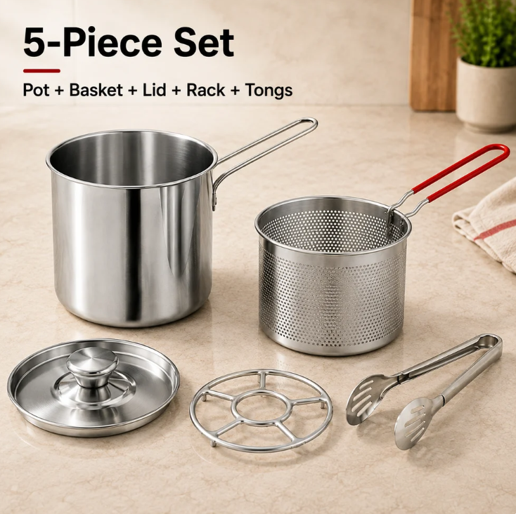 2026 🔥🍟 Personal Mini Deep Fryer Set – Stainless Steel Pot with Lift‑Out Draining Basket & Food Tongs