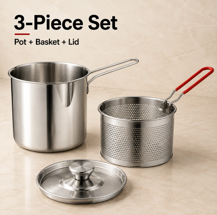 2026 🔥🍟 Personal Mini Deep Fryer Set – Stainless Steel Pot with Lift‑Out Draining Basket & Food Tongs
