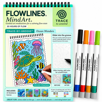 Trace-By-Groove Guided Flow Art Coloring Pad with Double-Sided Markers