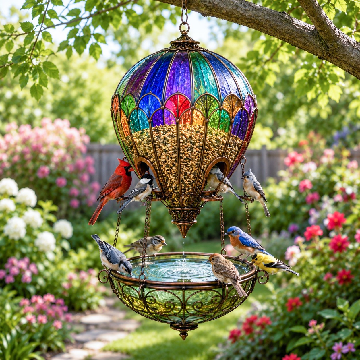 🌈 Garden in the Sky – Stained Glass Hot Air Balloon Bird Feeder🐦