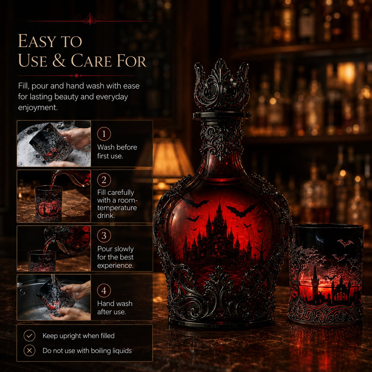 🦇🍺Gothic Vampire Castle Whisky Decanter & Tumbler(📦Buy 2 Free Shipping)