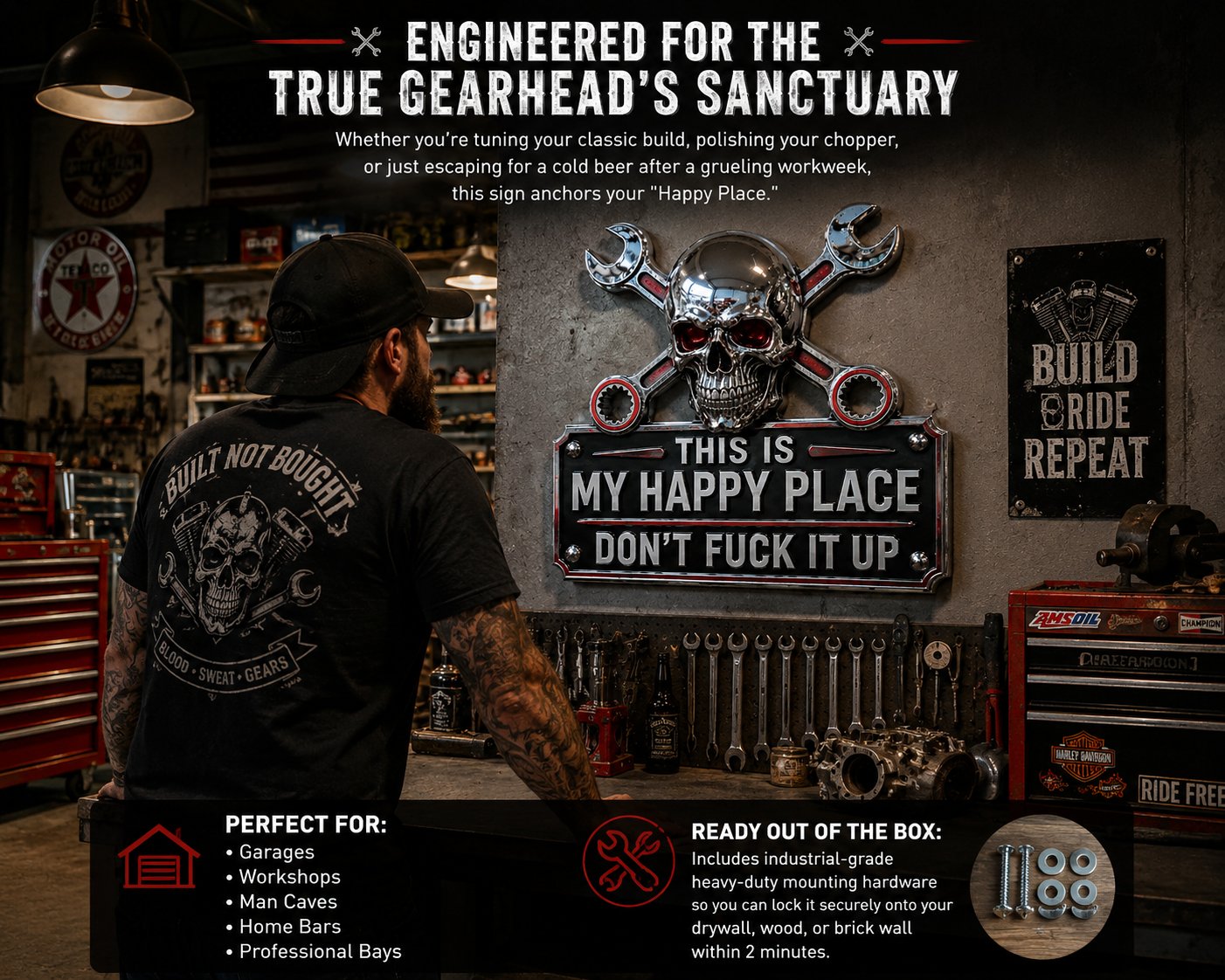 ✨ Limited-Time 50% OFF | “This Is My Happy Place” Garage Wall Sign 💀 Perfect for Garage, Workshop & Man Cave