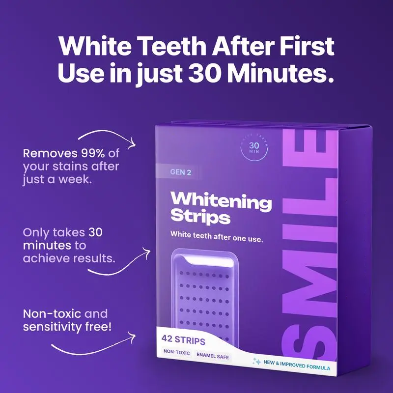 🦷 Purple Teeth Whitening Strips – 42 Strips 21 Whitening Sessions – Enamel Safe – Stain Removal – Non-Sensitive – Peroxide-Free