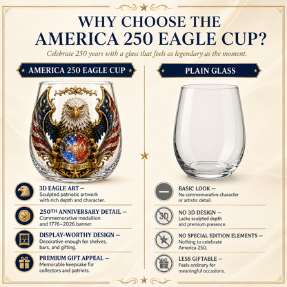 🦅🇺🇸 250 Years American Heritage Eagle Whiskey Glass | 3D Patriotic Decorative Bourbon Glass Art Cup (1776–2026)